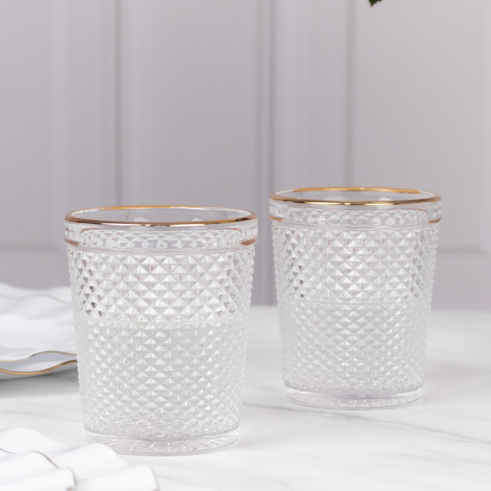 6-Pack Tumbler Glasses Clear Hobnail Design with Gold Rim - Embossed Diamond Pattern Glassware for Drinks & Parties 11oz 4