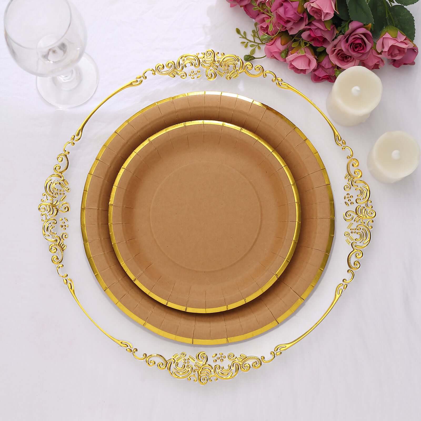 25-Pack Kraft Paper 8 Round Dessert Plates in Natural Brown with Gold Lined Rim - Disposable Salad Appetizer Plates for Rustic & Vintage Inspired Events