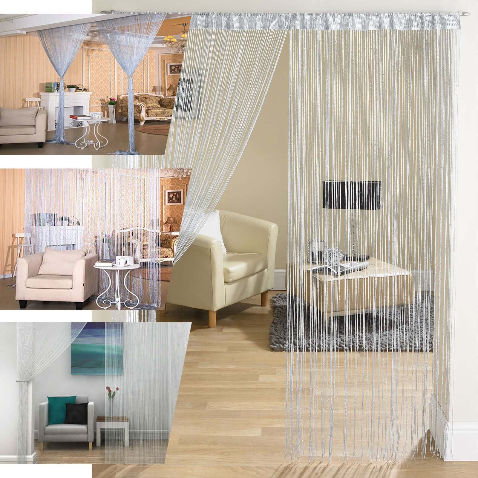3ftx8ft White Silver Silk Tassel String Curtains, Decorative Room Divider Panels