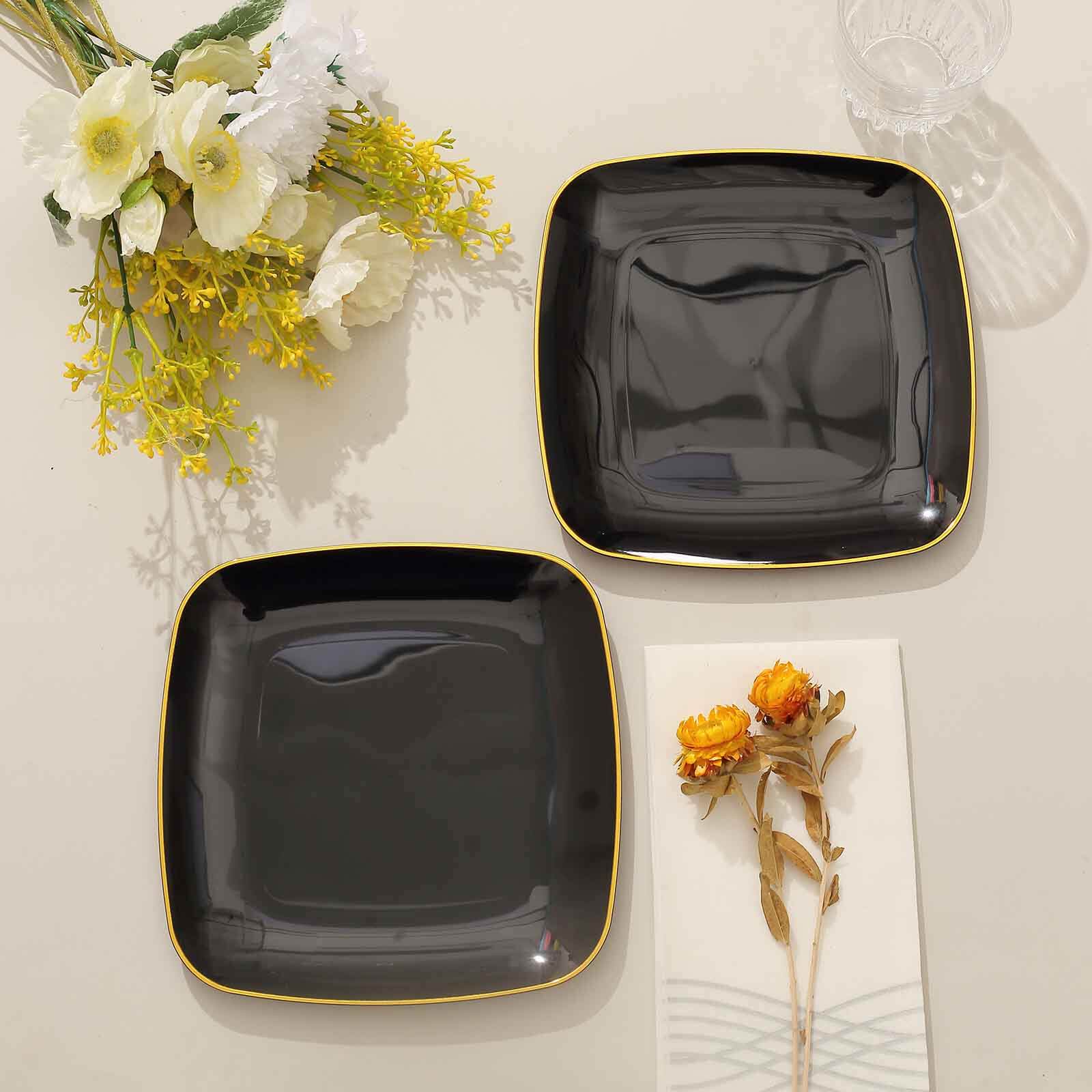 10-Pack Plastic 7 Square Dessert Plates in Black with Gold Rim - Classy Disposable Appetizer Salad Plates