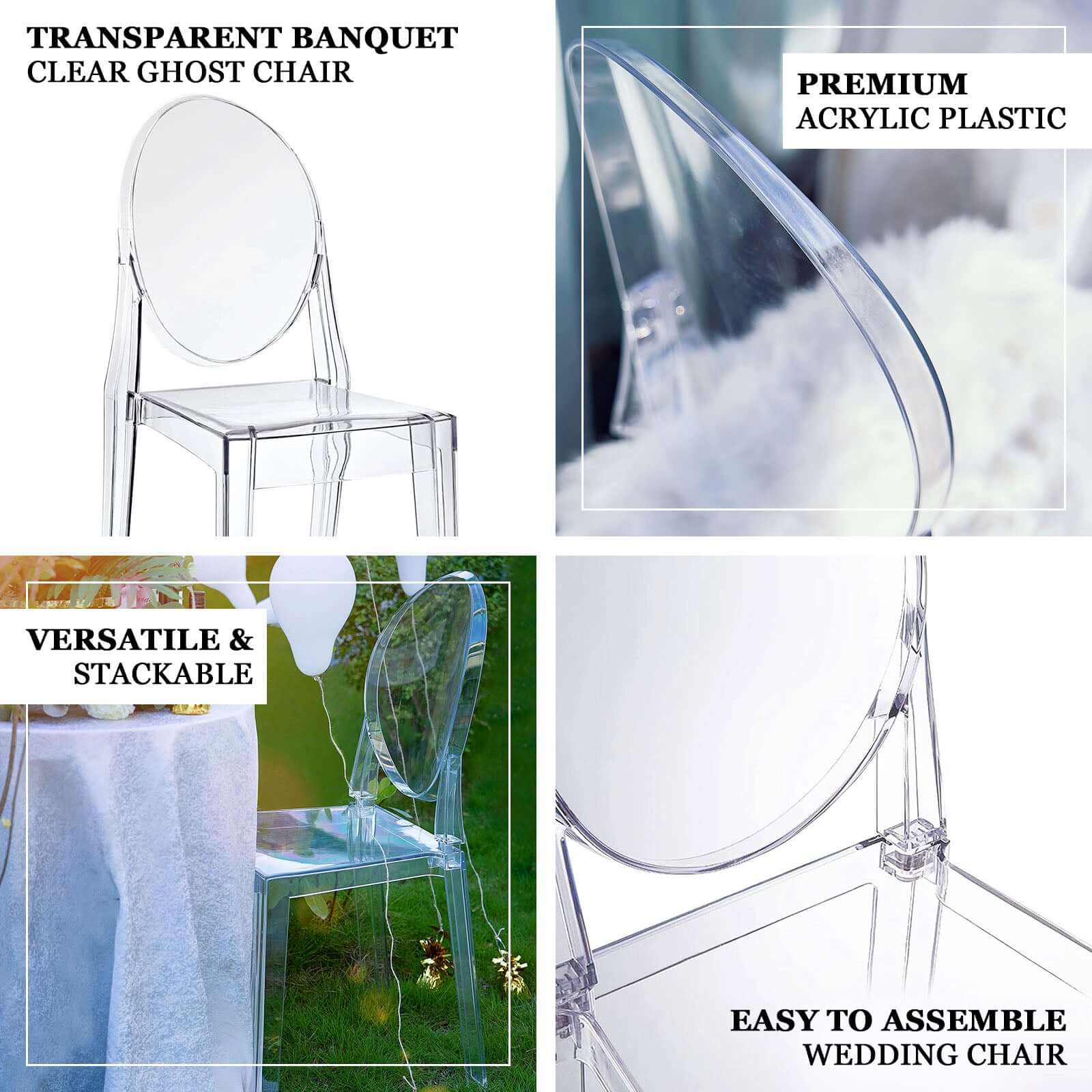 Acrylic Ghost Chair with Oval Back for Banquet Use Clear - Sleek Transparent Armless Accent Chair for Weddings & Gatherings