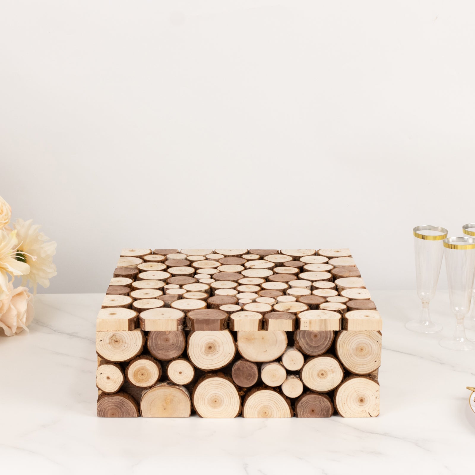 Wooden Cake Stand 14x14 Square Design Rustic Natural Slices - Farmhouse Display Box Pedestal Riser