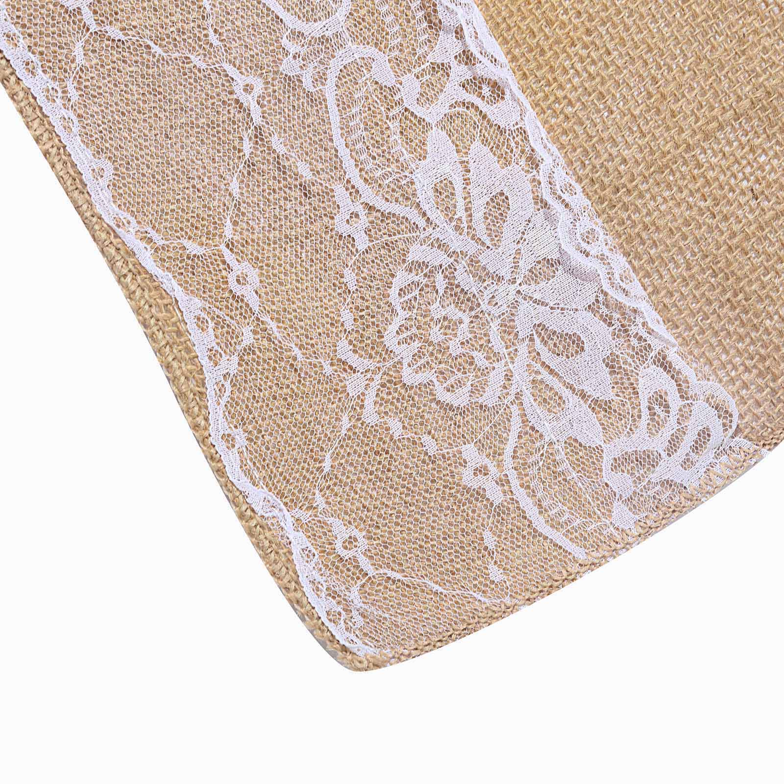 30ft Natural Jute Burlap Aisle Runner with White Floral Lace Borders