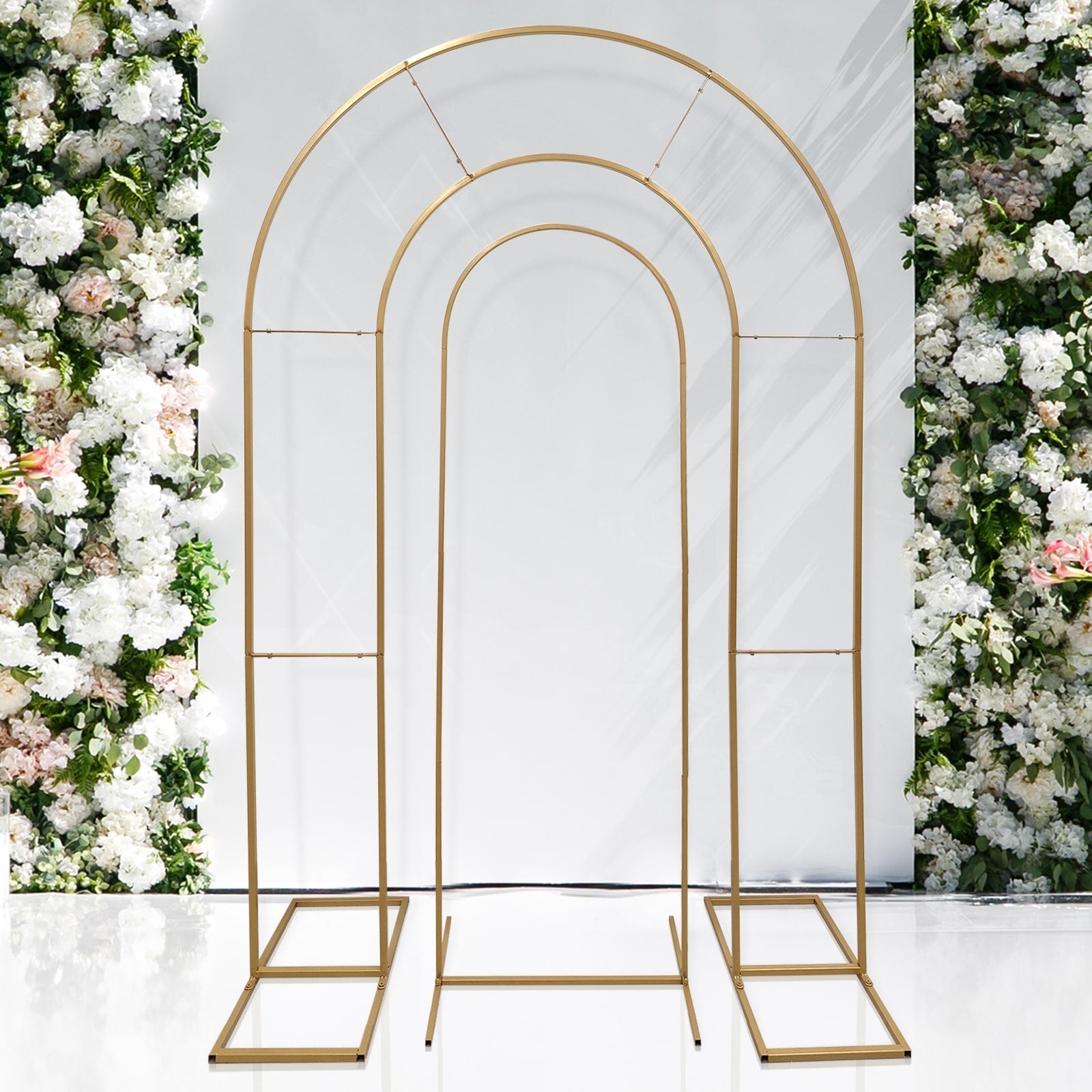 Set of 2 Gold Metal Round Top Chiara Backdrop Stand Wedding Arches, Double Arch Floral Balloon Frame Ceremony Arbors - 6ft,8ft