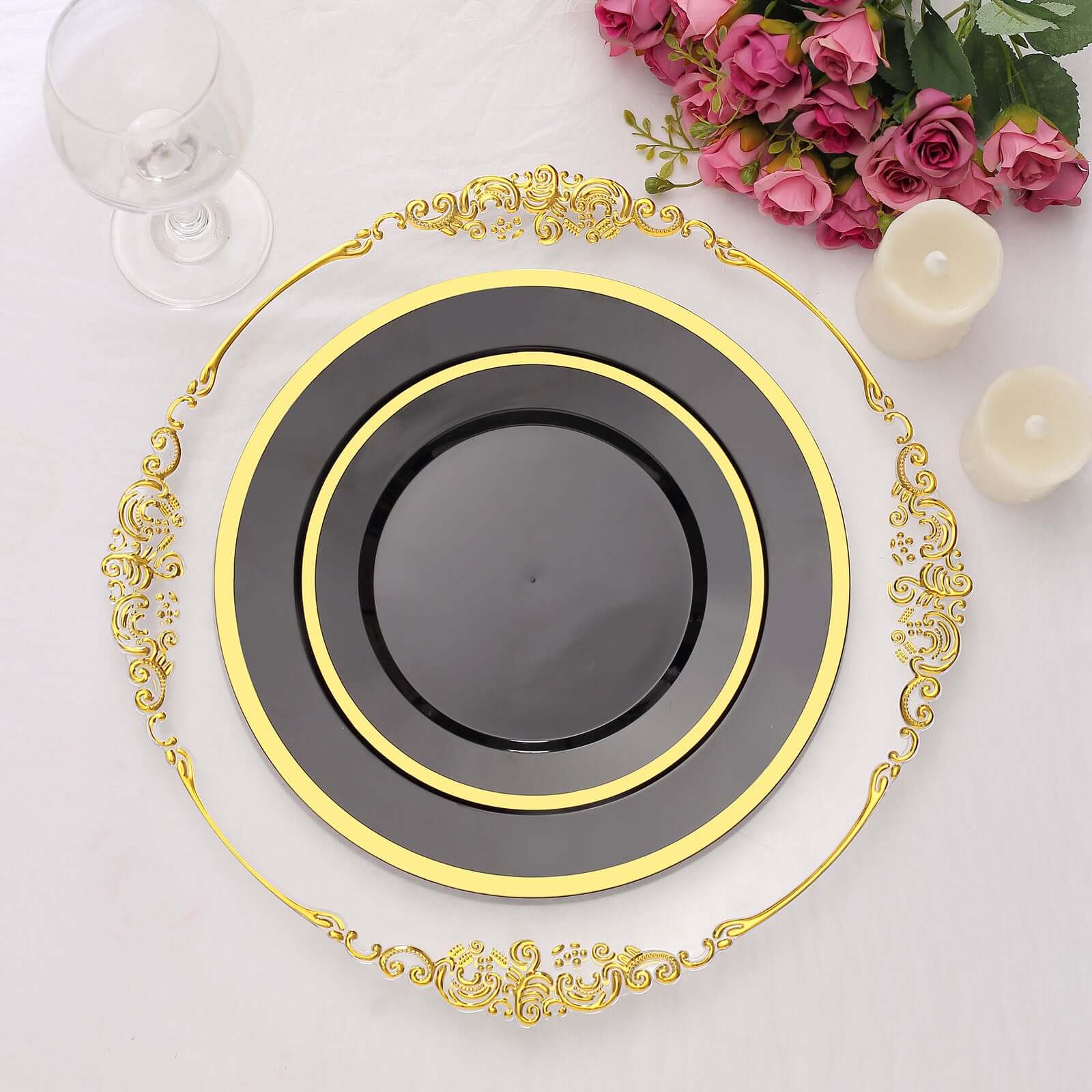 10-Pack Plastic 10 Round Dinner Plates in Black with Gold Rim - Disposable Party Plates for Classy Banquets & Special Occasions