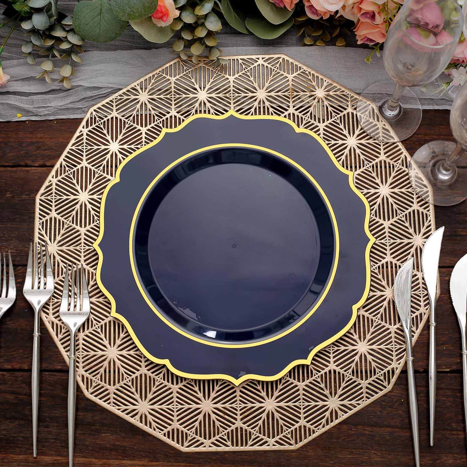 10-Pack Plastic 10 Round Dinner Plates in Navy Blue with Gold Scalloped Rim - Disposable Party Plates