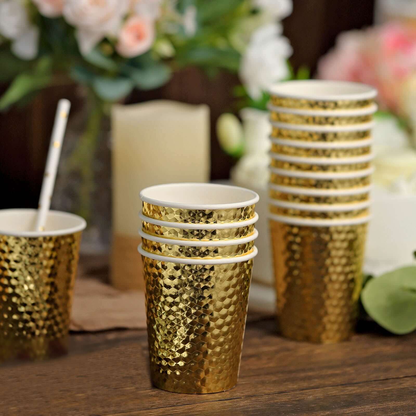 24-Pack Paper Cups in Gold Foil with Honeycomb Design - Stylish Disposable Party Cups for Hot & Cold Beverages 10oz