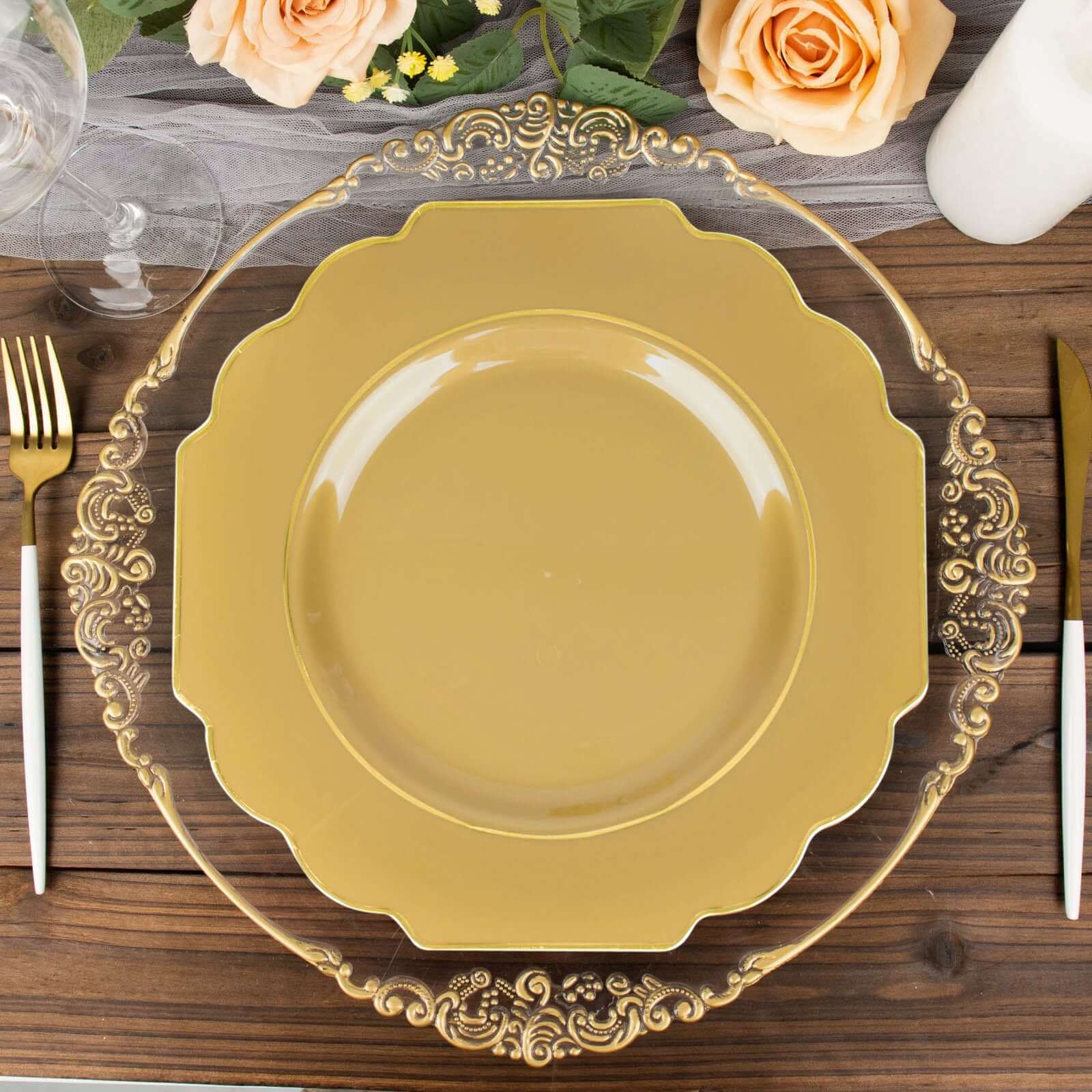 10-Pack Plastic Dinner Plates in Gold Baroque Design with Scalloped Gold Rim - Heavy Duty Disposable Party Plates for Events & Banquets 11