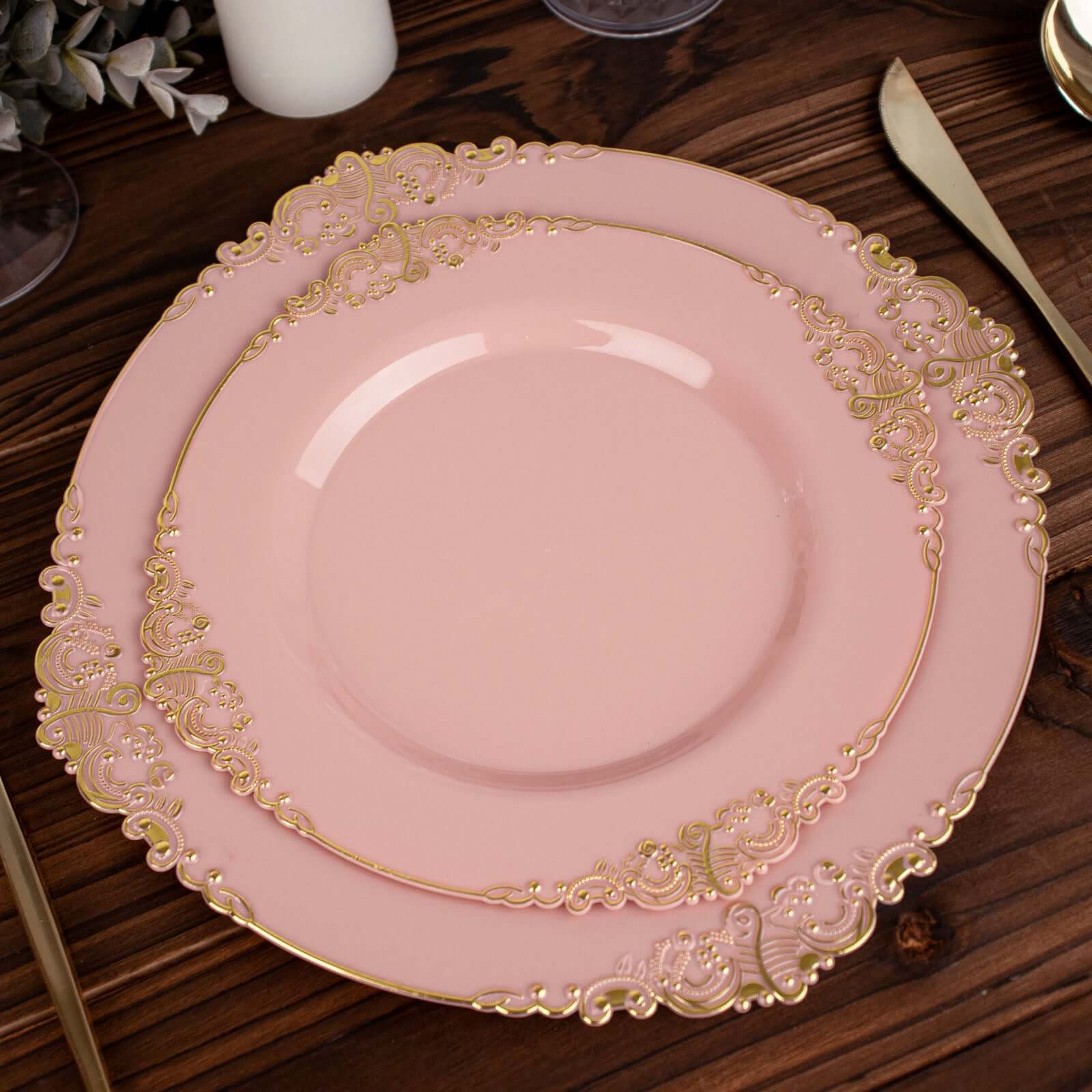 10-Pack Plastic 8 Round Dessert Plates in Dusty Rose with Gold Leaf Embossed Rim - Disposable Vintage Baroque Style Salad Plates