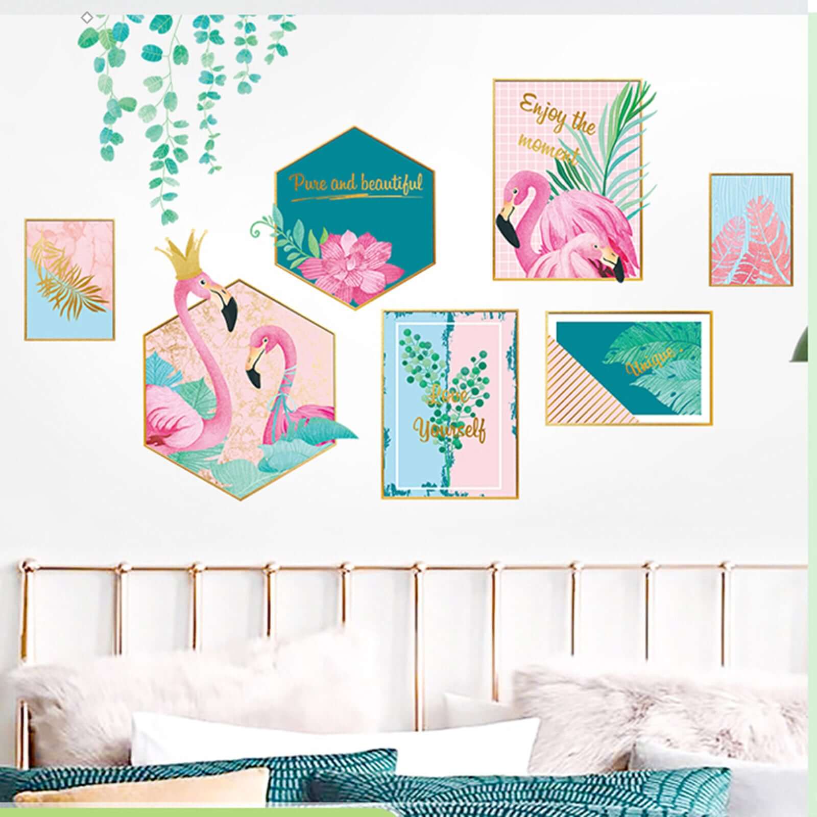 Green Tropical Palm Leaves and Flamingo Flat Frame Wall Decals, Decor Stickers