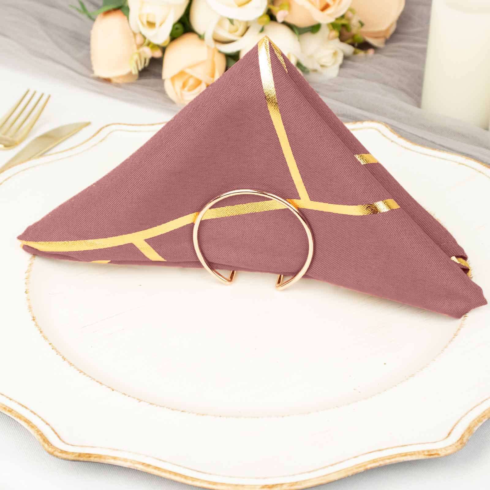 7 Pack Polyester 20x20 Napkins Cinnamon Rose with Gold Geometric Foil Pattern - Modern Reusable Dinner Napkins