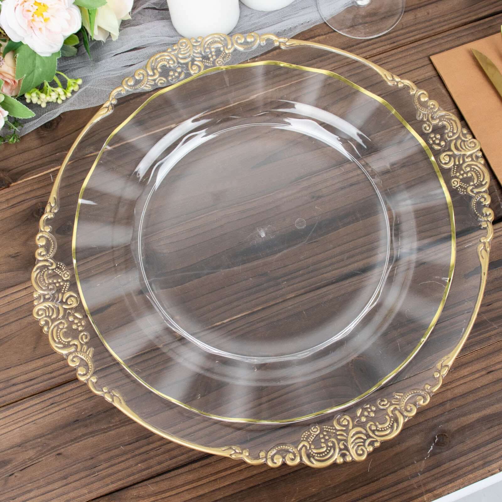 10-Pack Plastic 11 Round Dinner Plates in Clear Ruffled Rim with Gold Edging - Sturdy Disposable Dinnerware