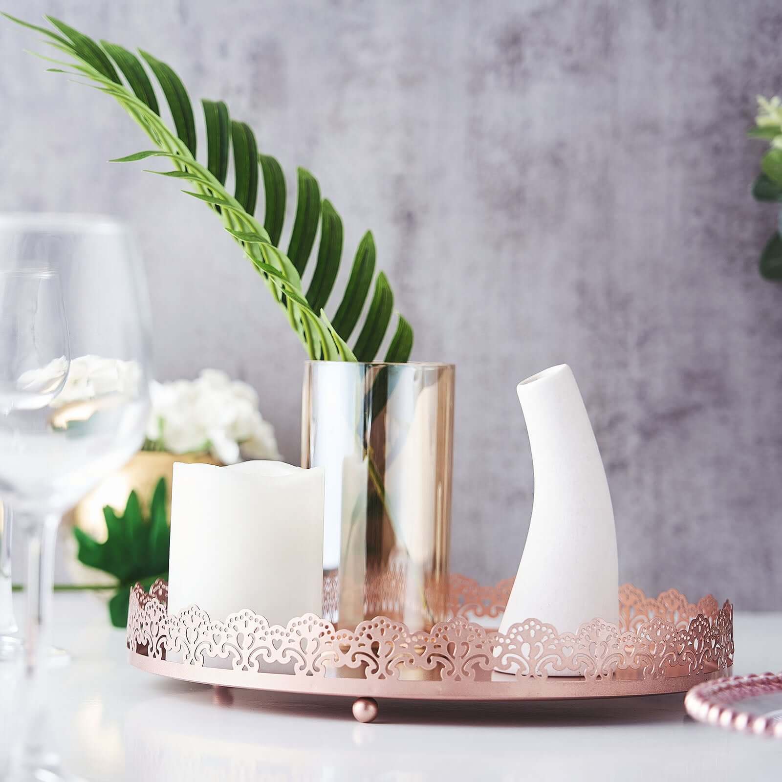 Metal Round Serving Tray 12 in Rose Gold with Embellished Rims, Stylish Decorative Vanity Tray Centerpiece