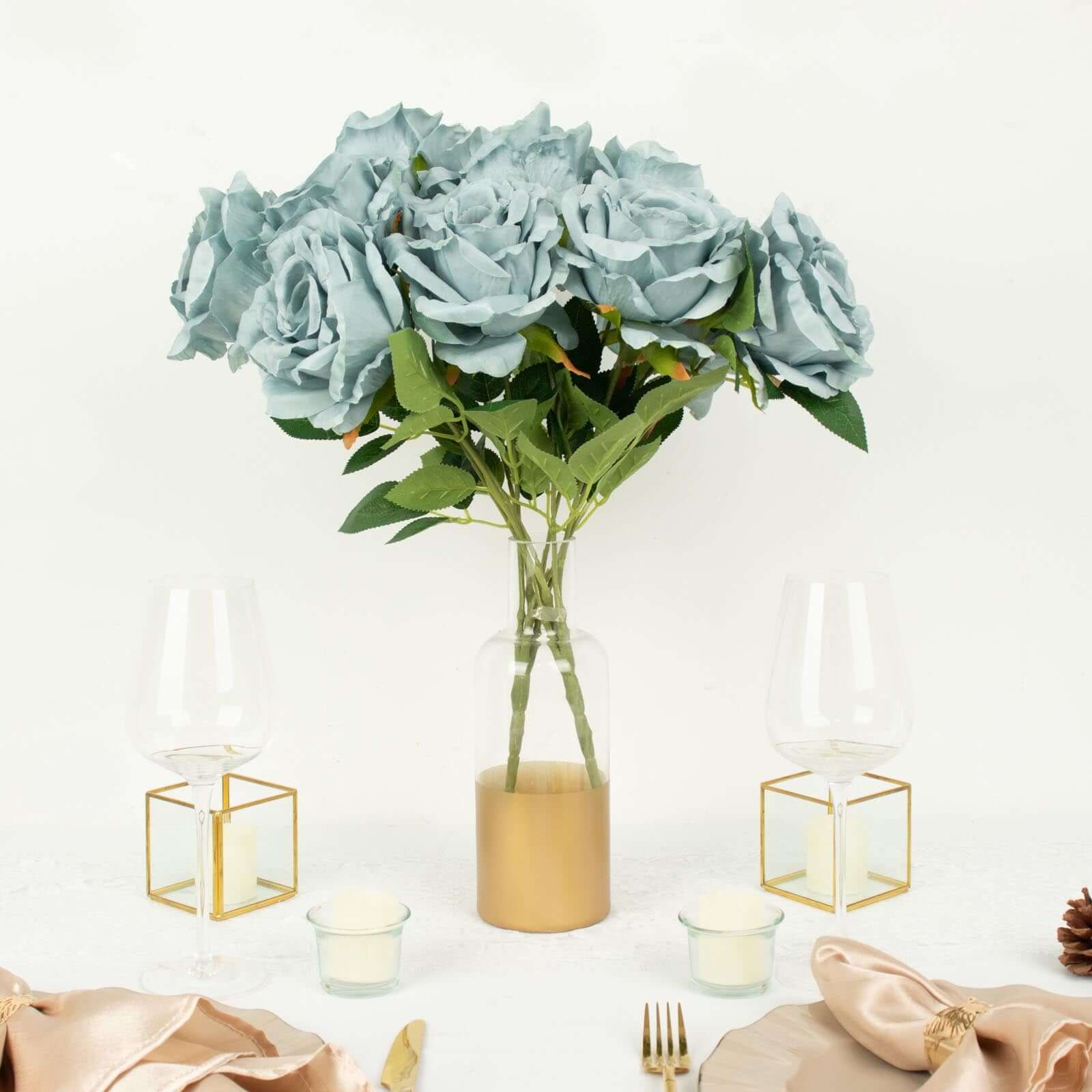 2 Bushes 17 Dusty Blue Premium Silk Jumbo Rose Flower Bouquet, High Quality Artificial Wedding Floral Arrangements