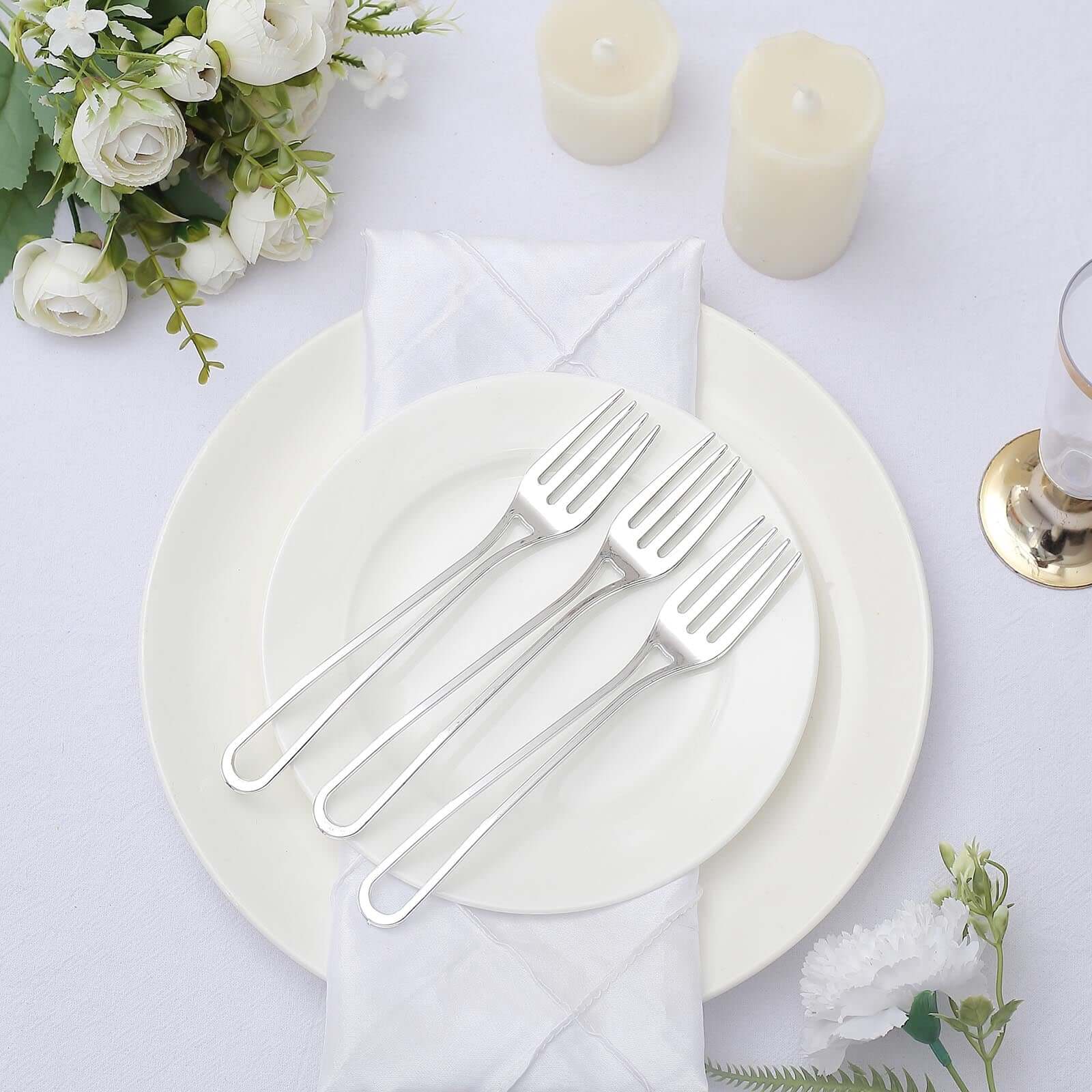 24-Pack Plastic Forks with Modern Hollow Handle Design Silver - Stylish Disposable Utensils 7