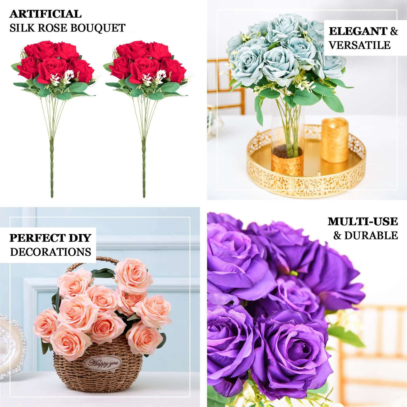 2 Bushes 18 Real Touch White Artificial Rose Flower Bouquet, Silk Long Stem Flower Arrangements