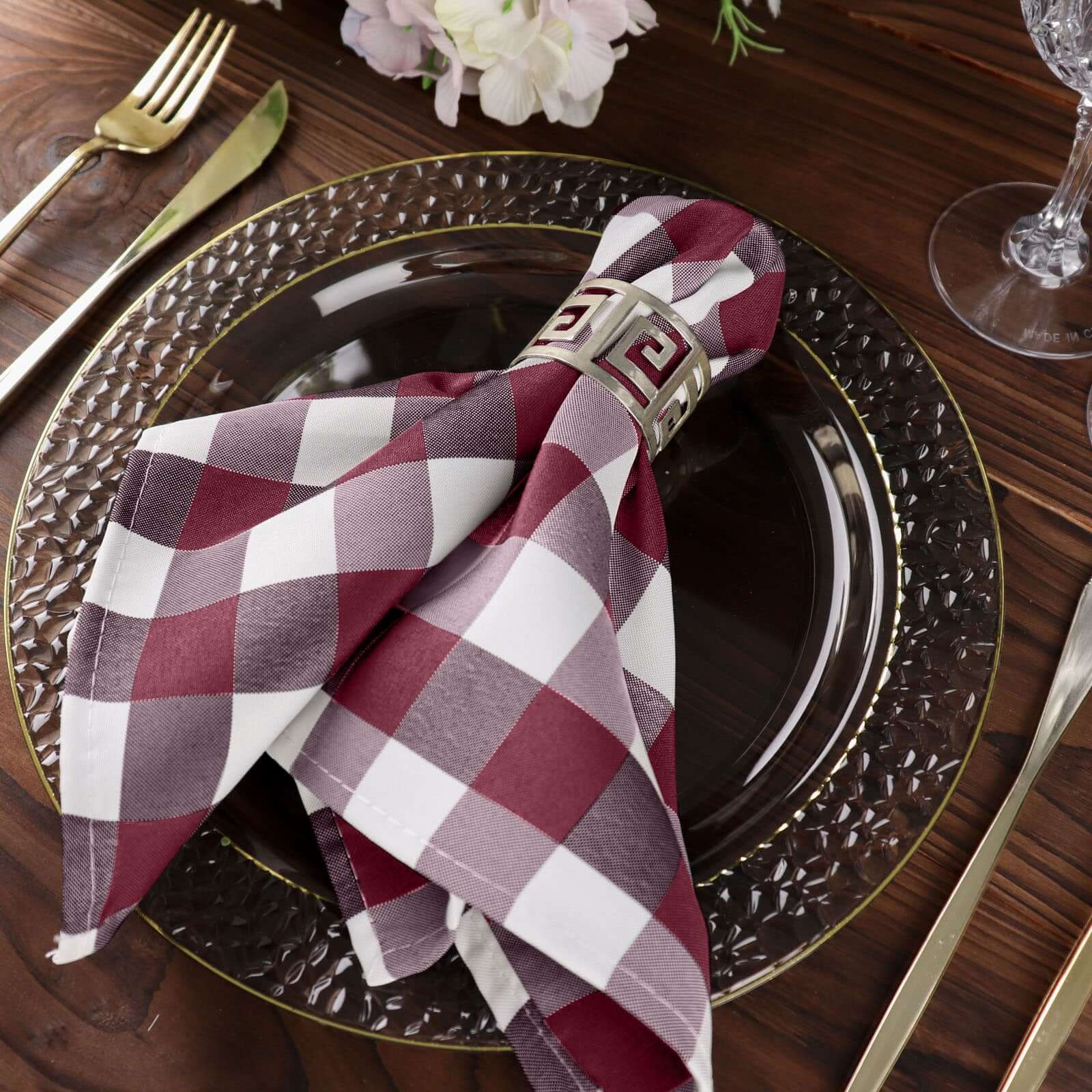 5 Pack Polyester 15x15 Napkins Burgundy/White Buffalo Plaid Gingham Style Cloth Napkins