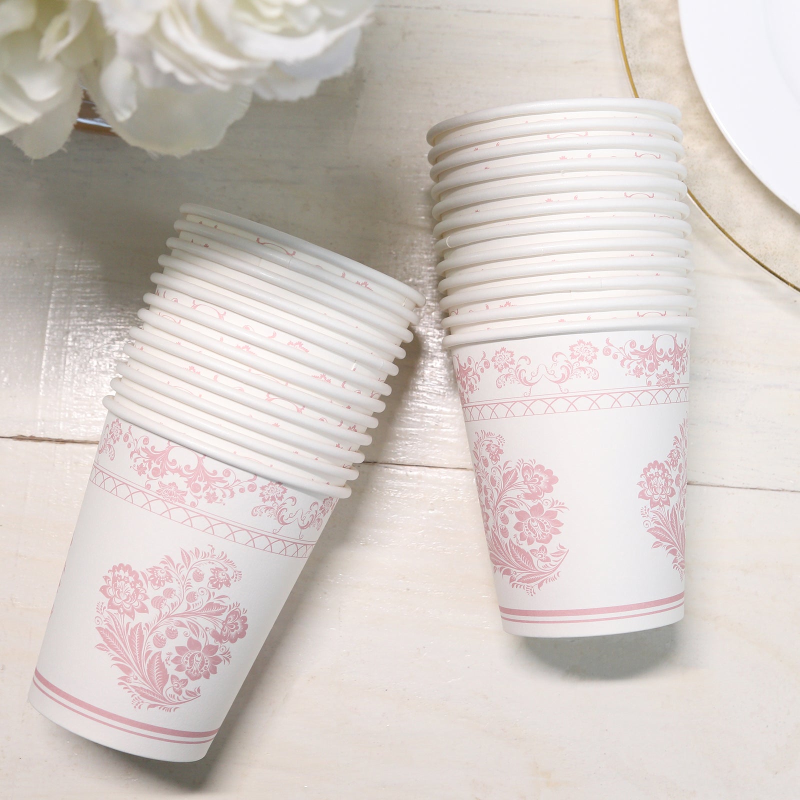 24-Pack Paper Cups White with Pink French Toile Print - Stylish Disposable Floral Party Cups for Hot & Cold Beverages 9oz