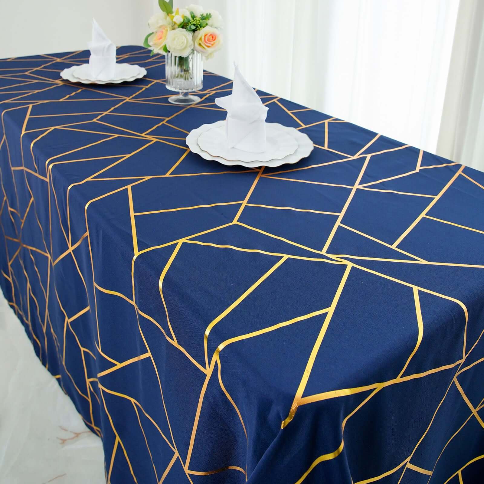 Polyester 90x156 Rectangle Tablecloth Navy Blue Seamless with Gold Foil Geometric Pattern - Wrinkle-Resistant Seamless Table Cover for Sophisticated Events