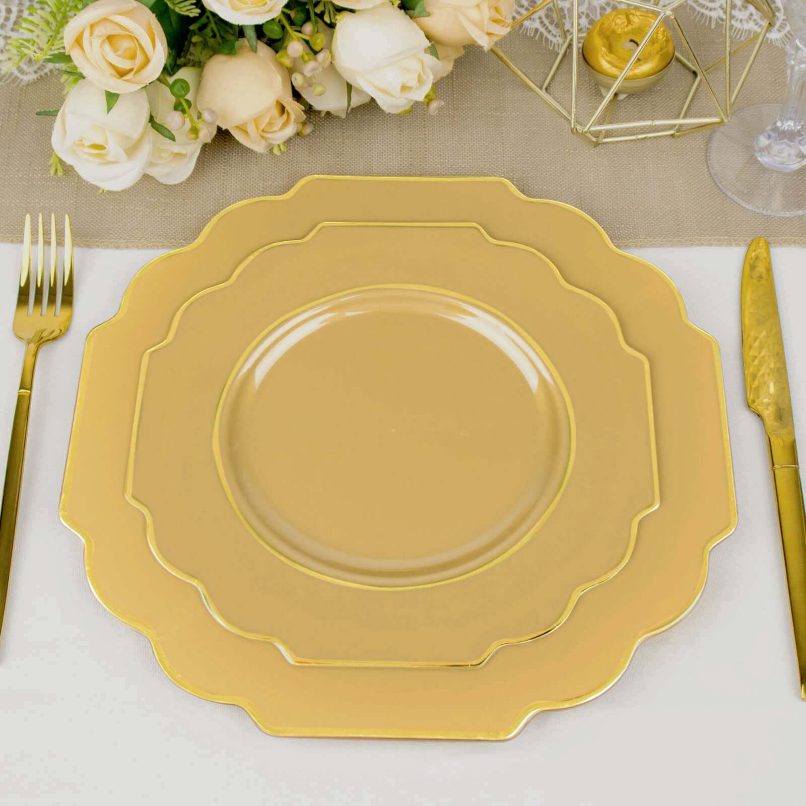 10-Pack Plastic Dessert Appetizer Plates in Gold Baroque Design with Scalloped Gold Rim - Heavy Duty Disposable Salad Plates 8