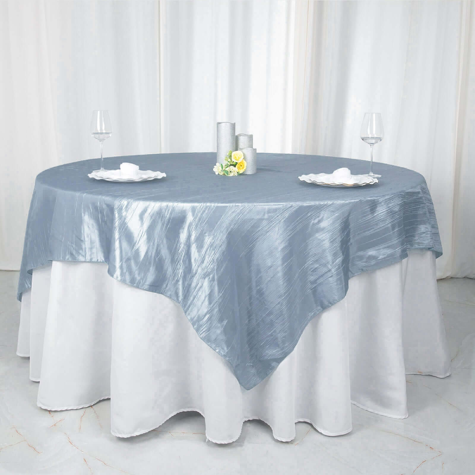 Taffeta 90x90 Table Overlay Square Tablecloth Dusty Blue - Accordion Crinkle Table Cover