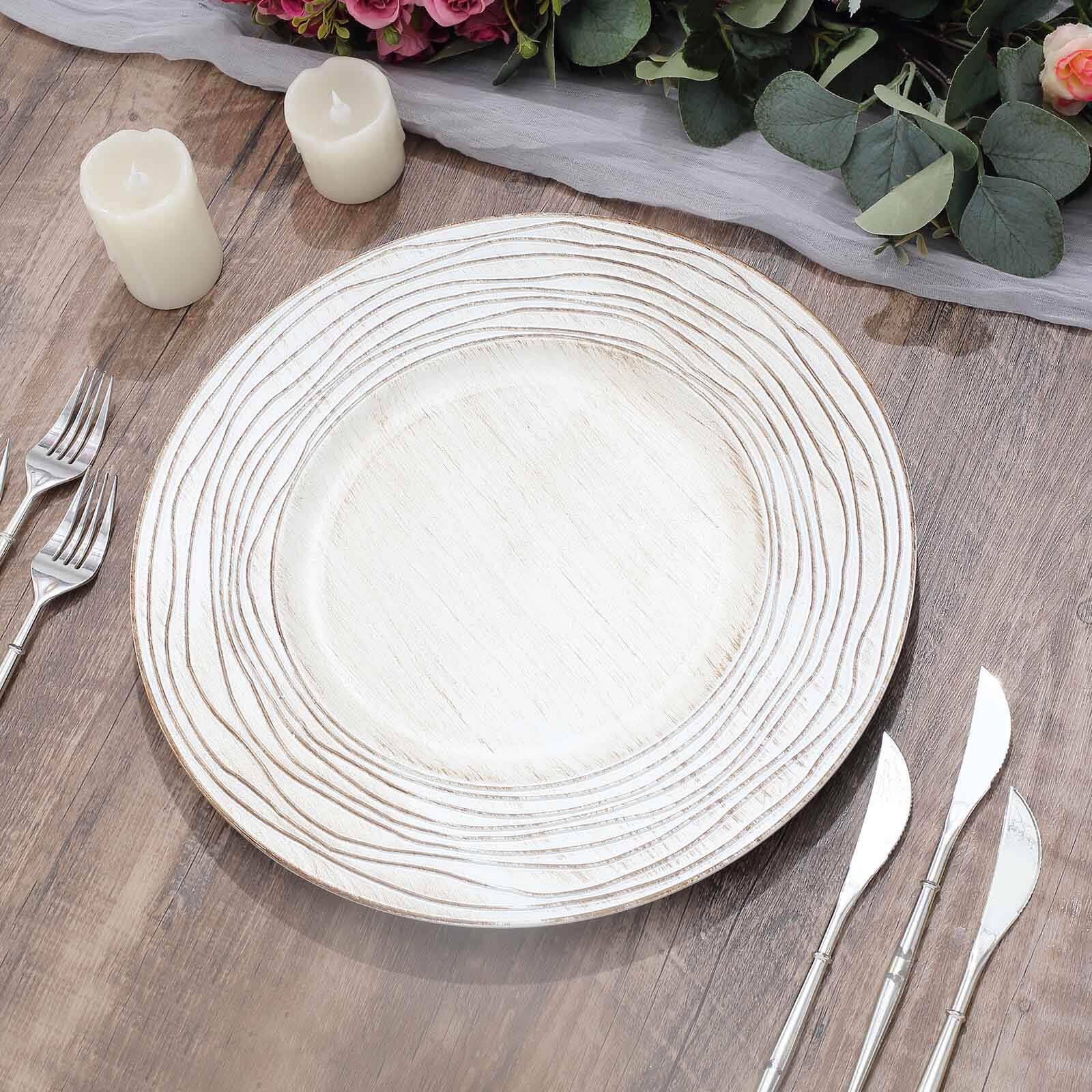 6-Pack Faux Wood Round Charger Plates 13 White Washed with Rose Embossed Rim, Disposable Plastic Charger Tableware