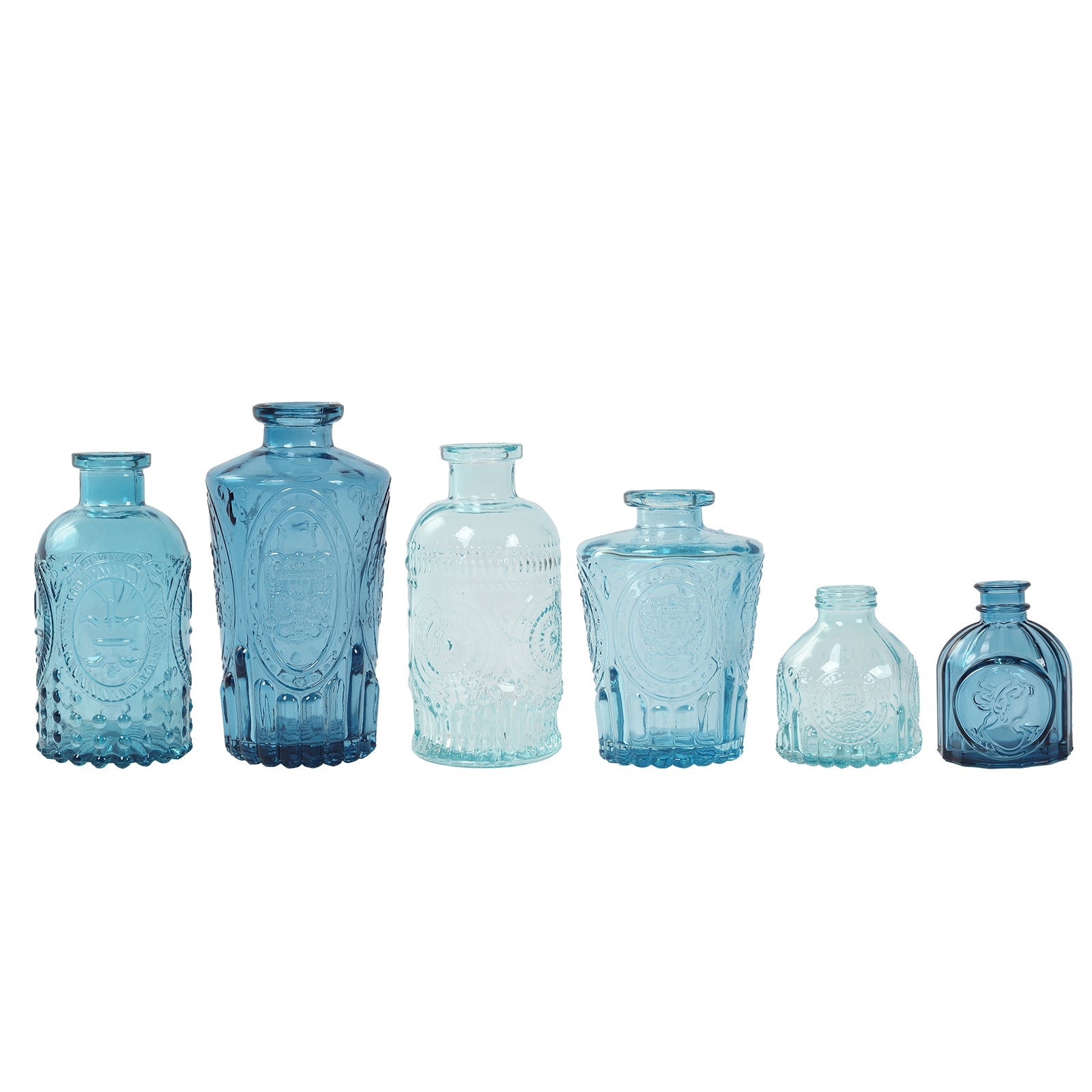 Set of 6 Embossed Glass Bud Vases Vintage Mixed Blue - Apothecary Style Decorative Table Centerpieces