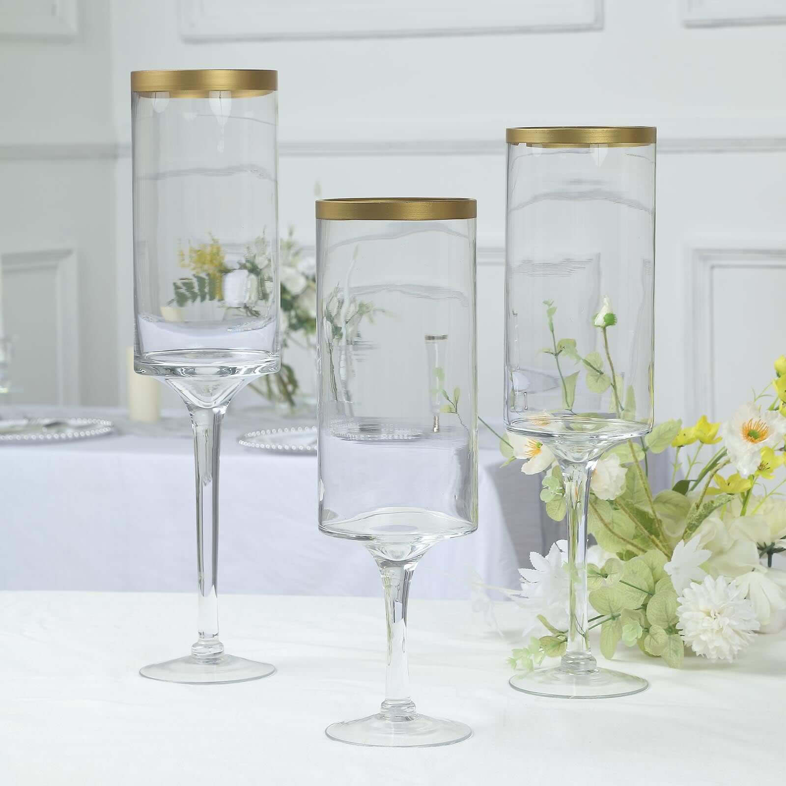 Set of 3 Glass Hurricane Candle Holders Long Stem Clear with Gold Rim - Decorative Pedestal Floral Centerpieces 16, 18, 20