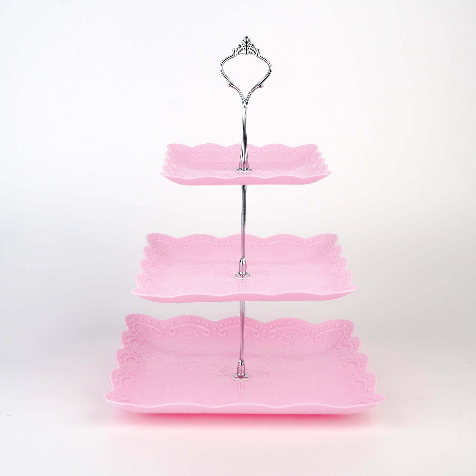 3-Tier Plastic Square Cupcake Stand Tower Pink - Charming Easy to Assemble Dessert Display Serving Tray Platter with Floral Embossed Scalloped Rim & Silver Handle for Tea Parties Weddings & Special Oc