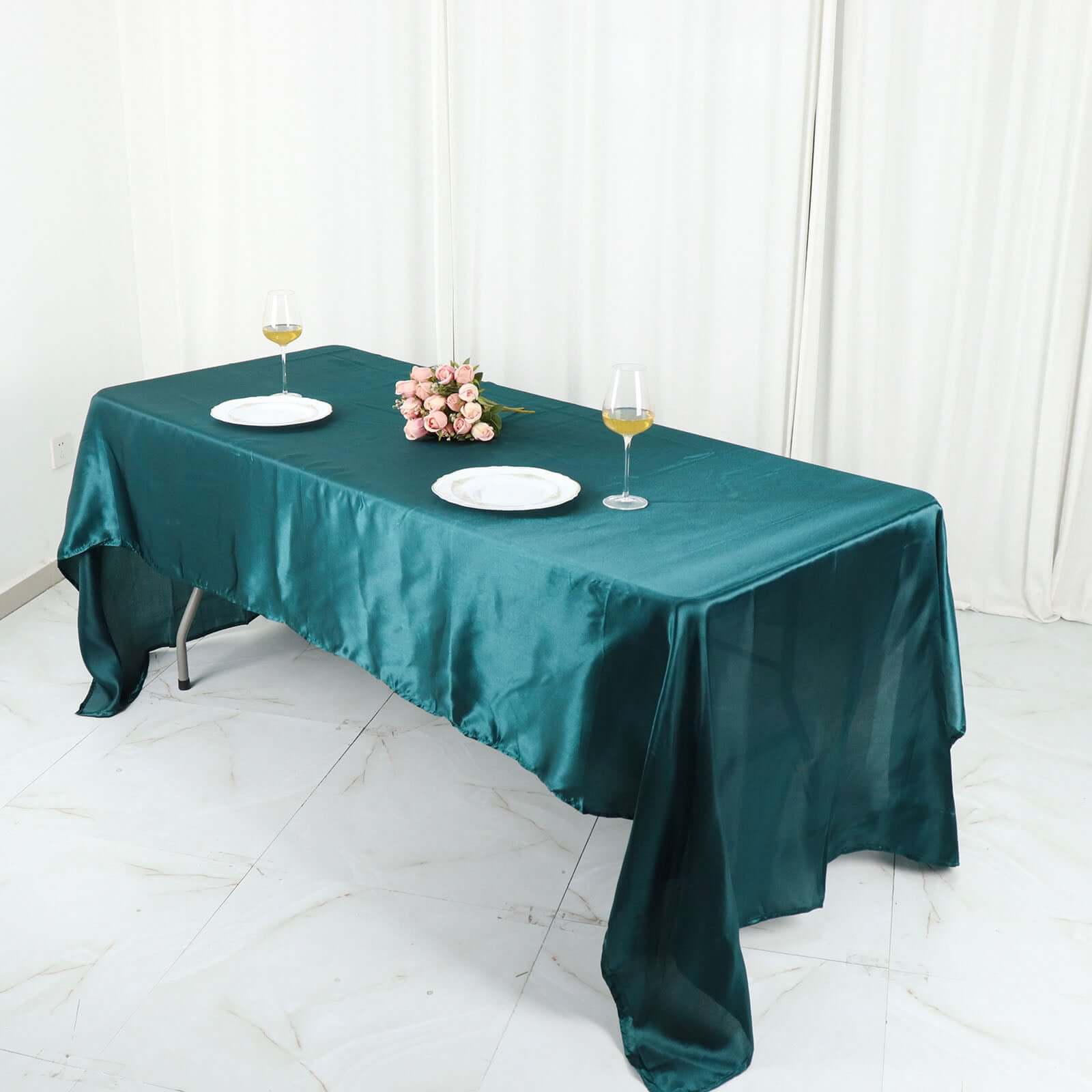 Satin Rectangular 60x126 Tablecloth Peacock Teal - Smooth and Lustrous Table Cover