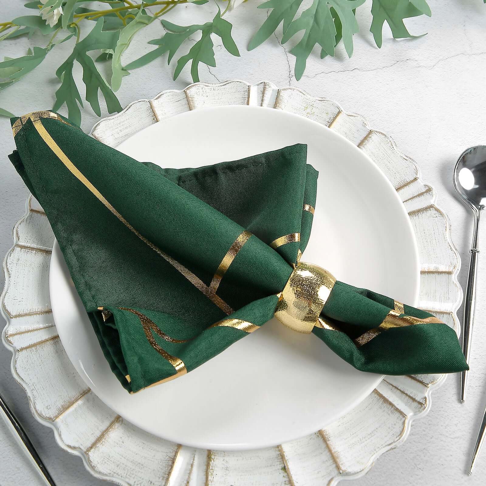 5 Pack Polyester 20x20 Napkins Hunter Emerald Green with Gold Geometric Foil Pattern - Modern Reusable Dinner Napkins