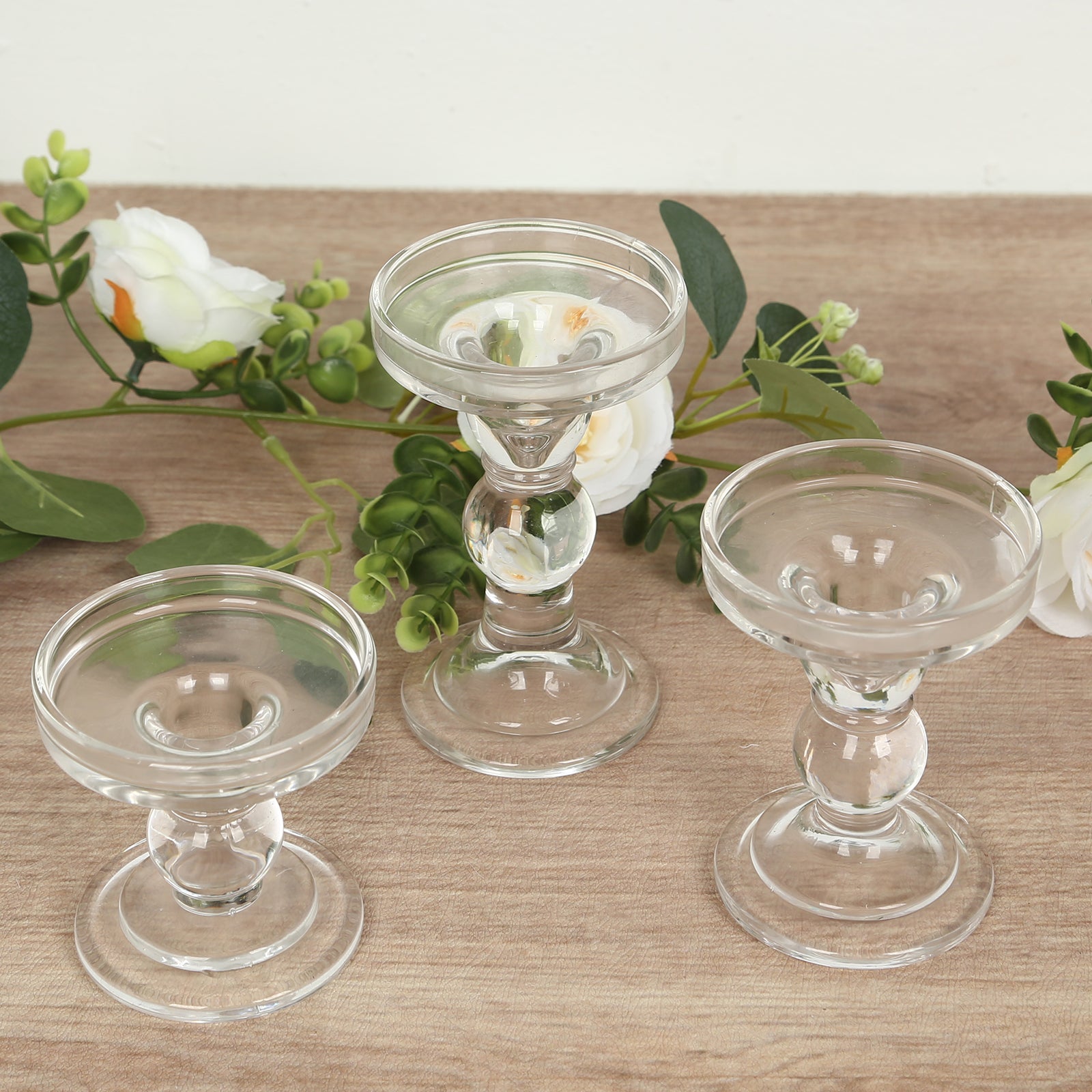 Set of 3 Glass Pillar Candle Holders Clear with Round Tray - Crystal Ball Stem Taper Candlestick Tea Light Stands 3.5, 4.5, 5.5