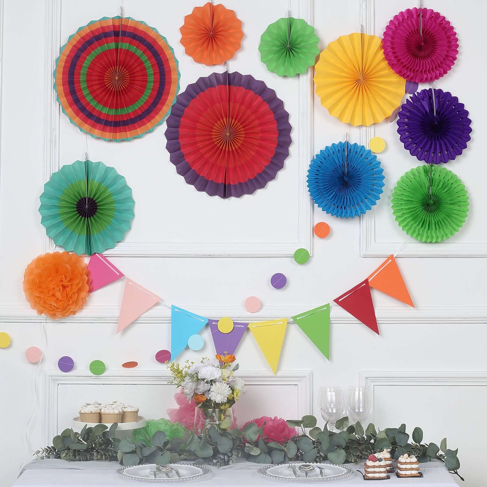 20Pcs Colorful Hanging Fiesta Themed Party Decorations Set, Paper Fans, Pom Pom Flowers, Polka Dot and Bunting Flag Garlands Included