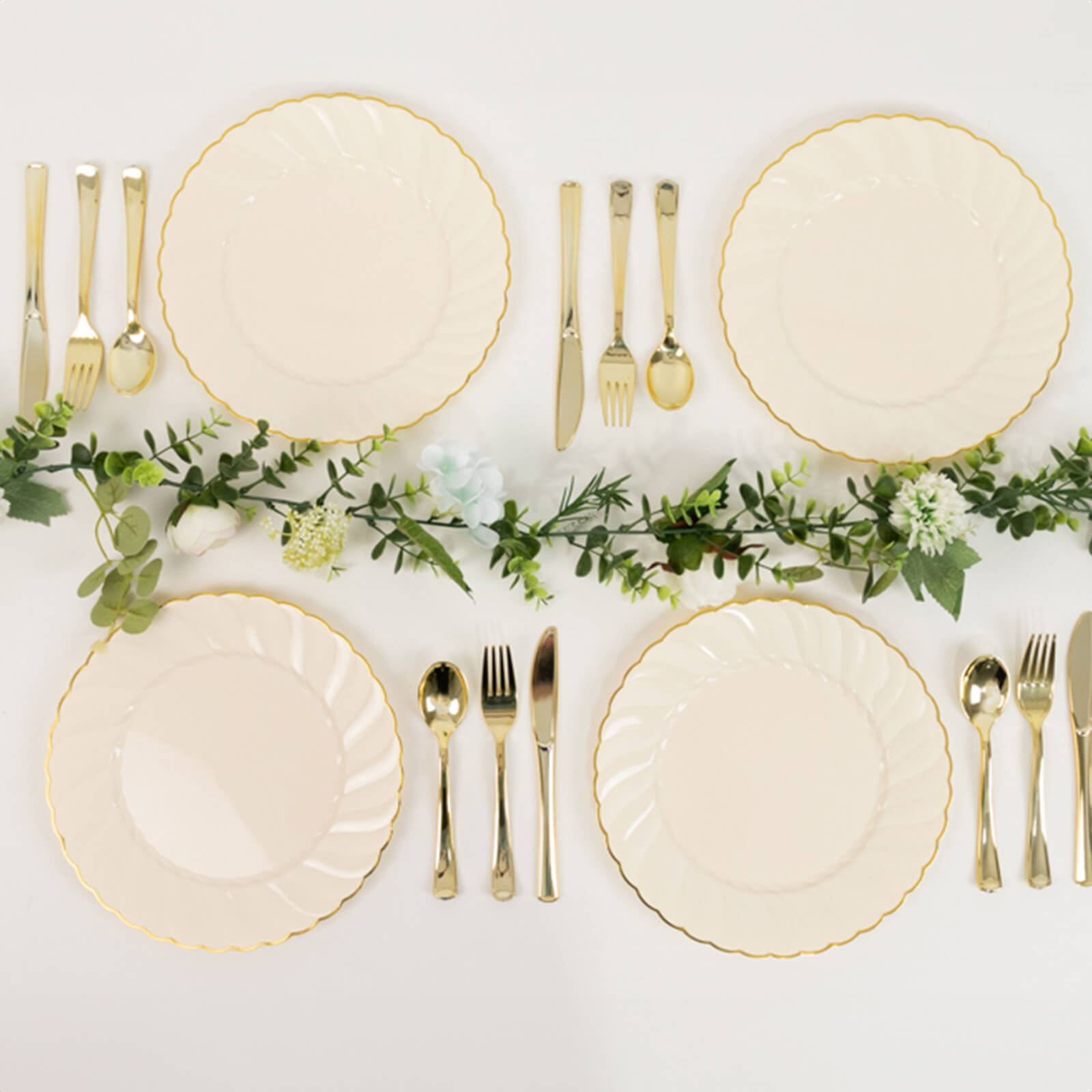 10-Pack Plastic 10 Round Dinner Plates in Ivory with Gold Flair Rim - Disposable Party Plates