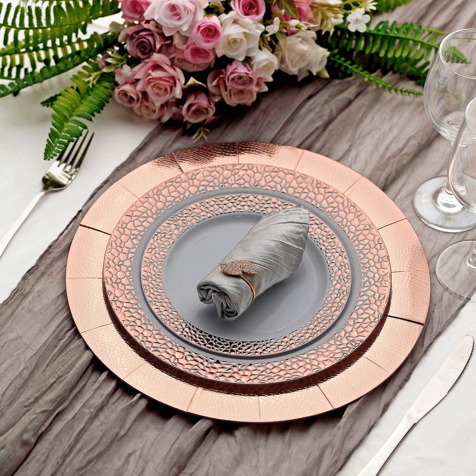 10-Pack Disposable Round Charger Plates in Rose Gold with Leathery Texture - Durable 1100GSM Cardboard Placemats 13