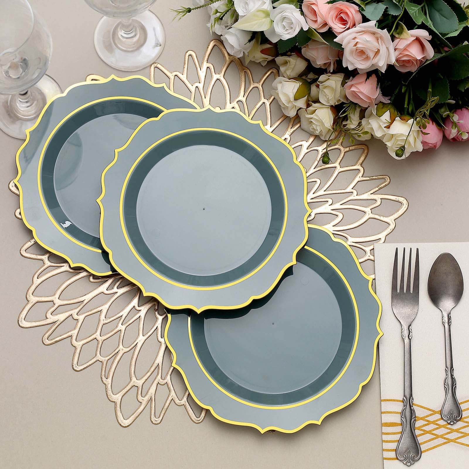 10-Pack Plastic 8 Round Desert Plates in Dusty Blue with Gold Scalloped Rim - Disposable Appetizer/Salad Plates