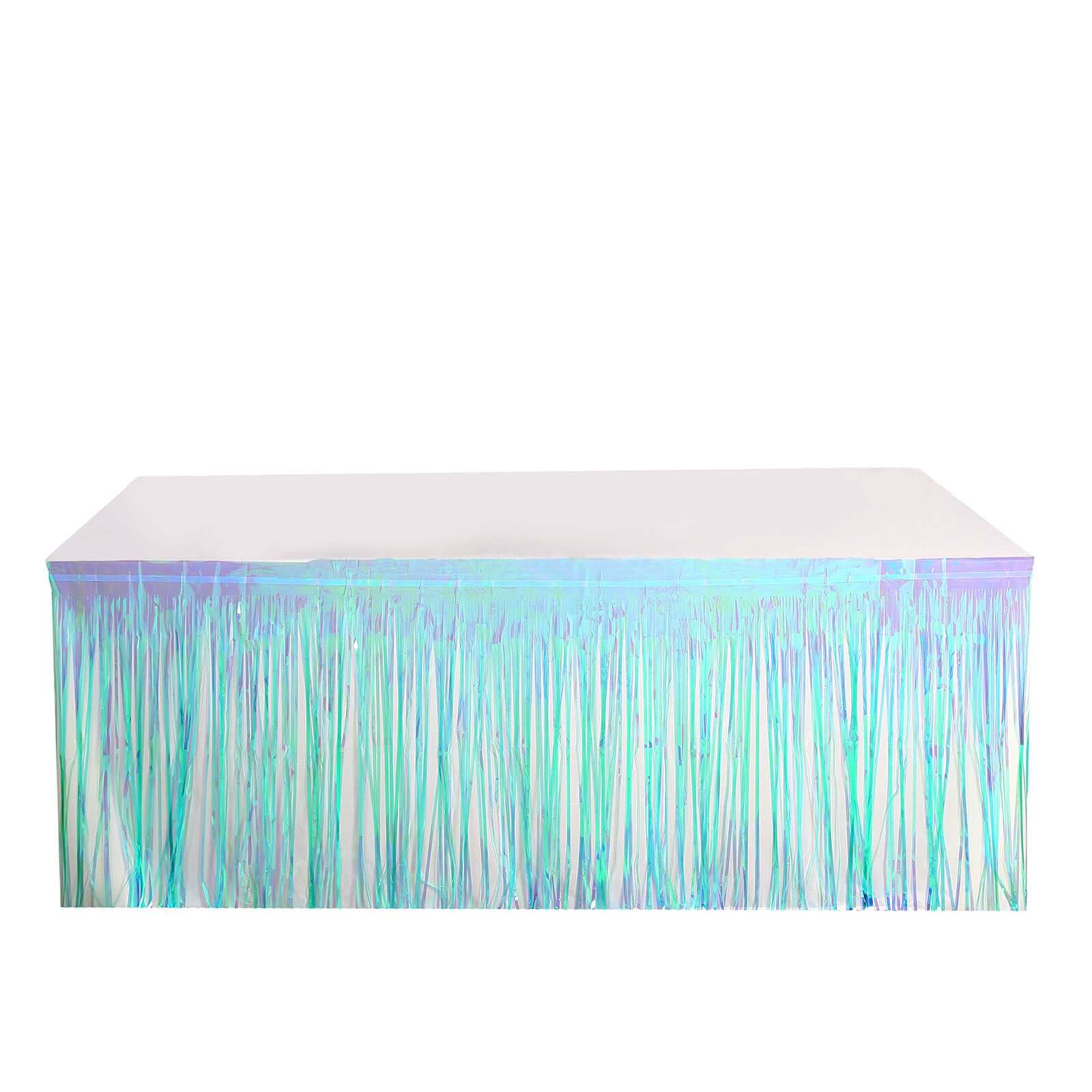 Metallic Foil Fringe Table Skirt Iridescent Blue with Self Adhesive Backing - Durable Tinsel Skirt for Parties 30x9ft