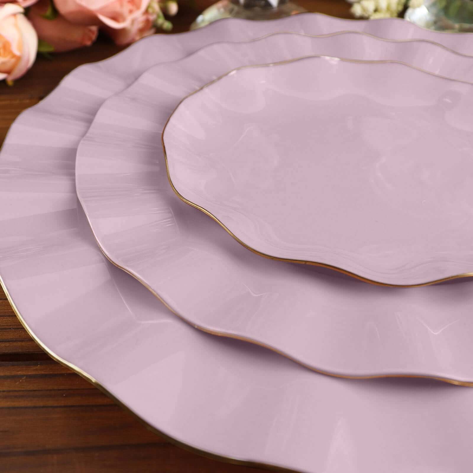 10-Pack Plastic Round 6 Dessert Plates in Lavender Lilac Ruffled Rim with Gold Edging - Sturdy Disposable Salad Appetizer Dinnerware