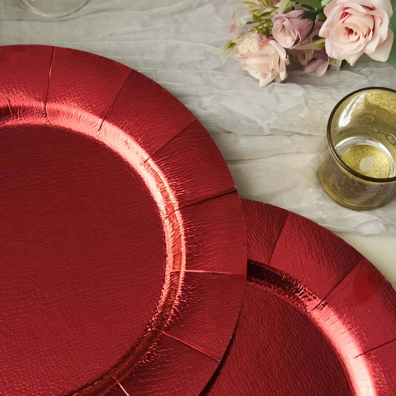 10-Pack Disposable Round Charger Plates in Red with Leathery Texture - Durable 1100GSM Cardboard Placemats 13