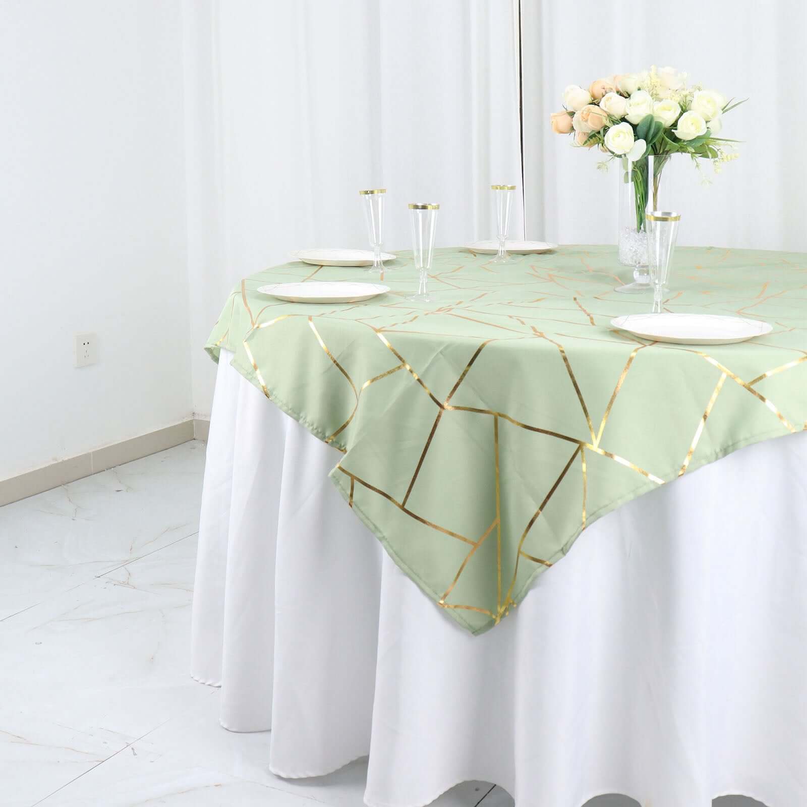 Polyester 54x54 Table Overlay Square Tablecloth Sage Green with Gold Foil Geometric Pattern - Wrinkle-Resistant & Durable for Stylish Settings