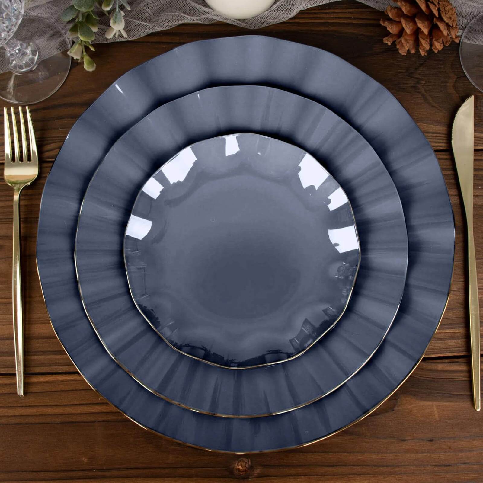 10-Pack Plastic Round 6 Dessert Plates in Navy Blue Ruffled Rim with Gold Edging - Sturdy Disposable Salad Appetizer Dinnerware