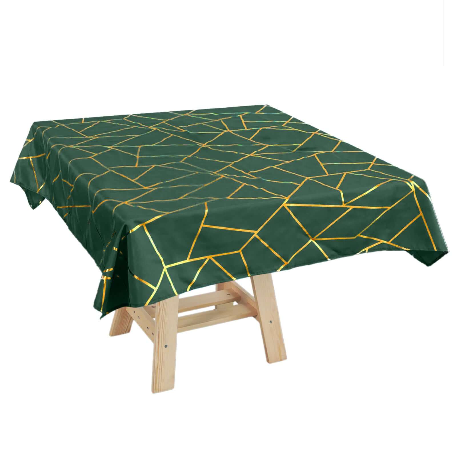 Polyester 54x54 Square Tablecloth Hunter Emerald Green with Gold Foil Geometric Pattern - Wrinkle-Resistant & Durable Table Cover