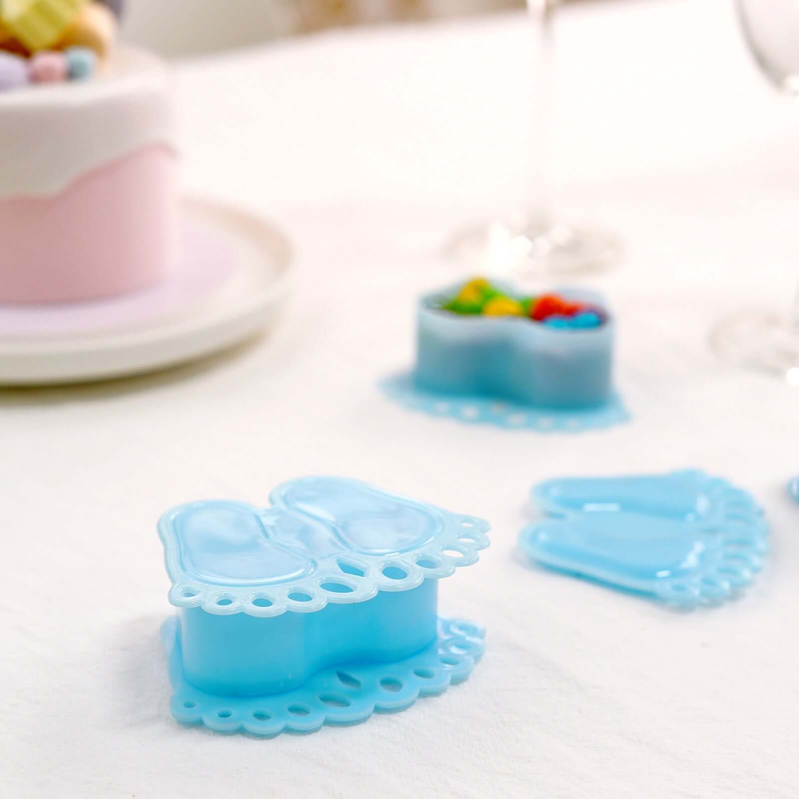 12-Pack Fillable Mini Candy Container in Baby Feet Style Clear/Light Blue - Unique Candy Treat Favor Boxes for Baby Shower 3.5