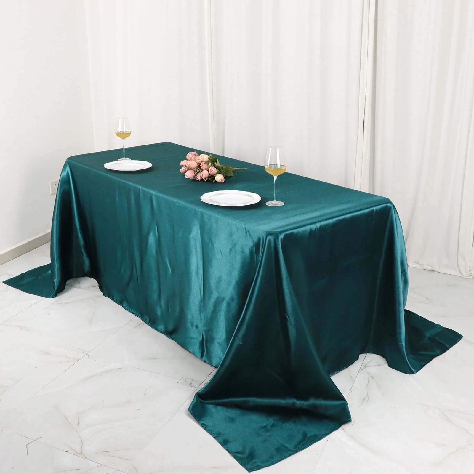 Satin Rectangular 90x132 Tablecloth Peacock Teal Satin - Seamless Table Cover