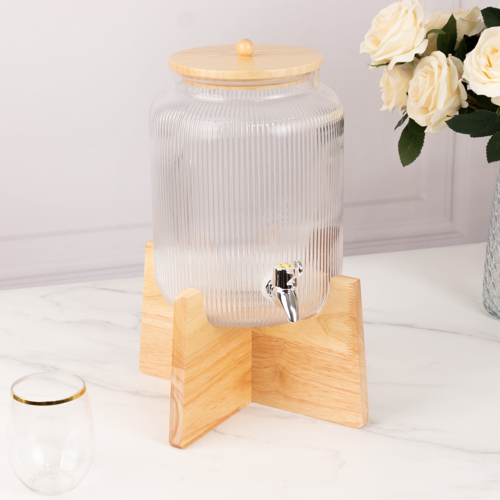 1 Gallon Clear Ribbed Glass Beverage Dispenser, Round Juice Jar with Wooden Stand and Lid - Lead-Free Countertop Feature 14