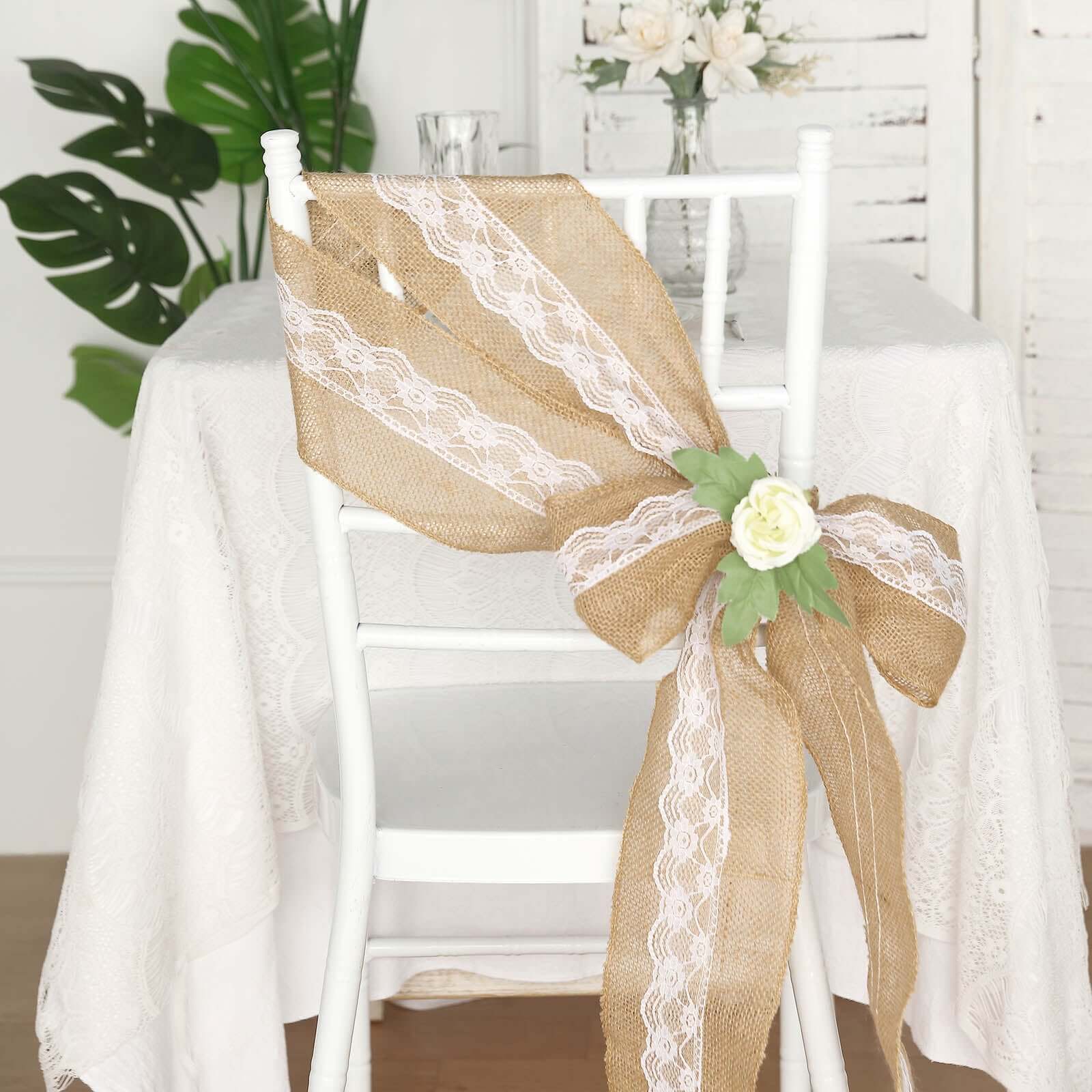 Natural Burlap Chair Sash 5x108 with Lace Hessian Jute - Rustic Bow Design for Weddings & Gatherings