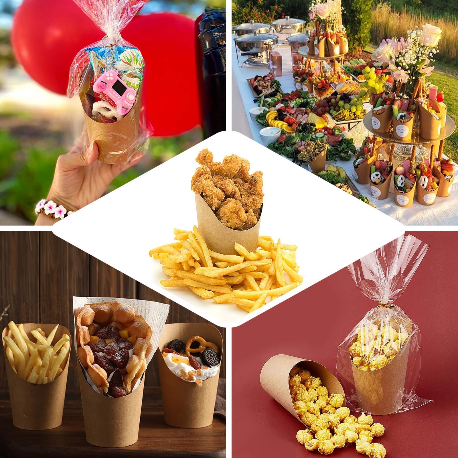 50-Pack Paper Popcorn Box Snack Cups Cone Design Natural Brown - Great for Appetizers 14oz