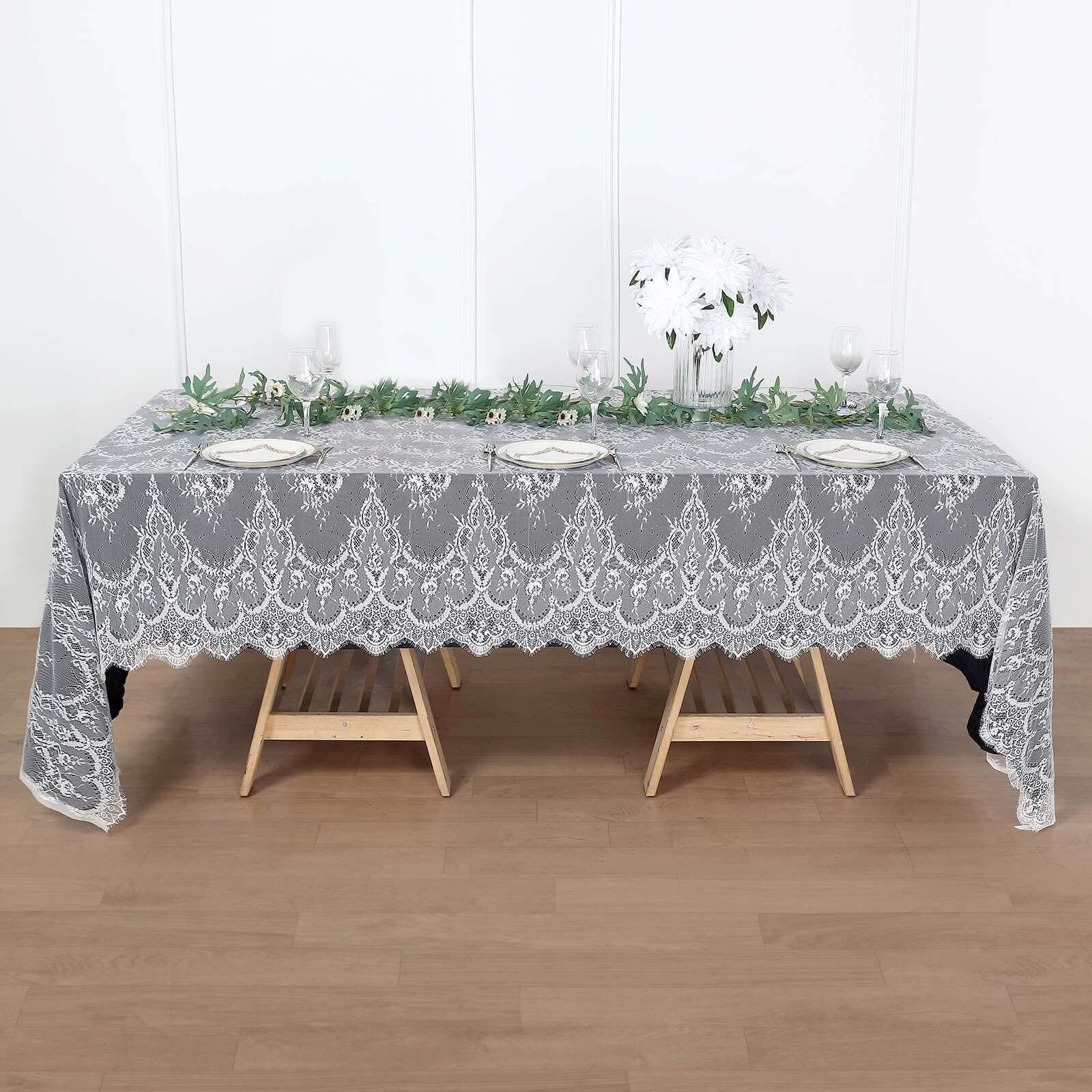 Lace 60x120 Rectangle Tablecloth White - Vintage Lace Design with Scalloped Frill Edges for Refined Occasions