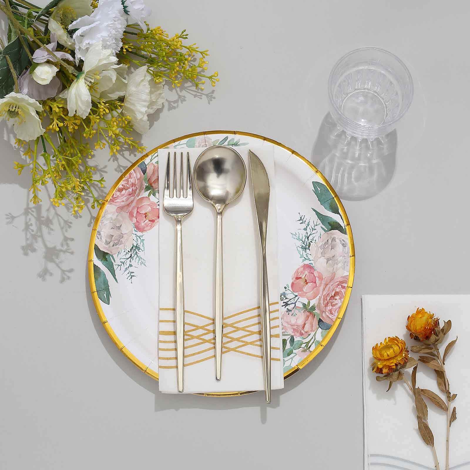 25-Pack Paper 9 Round Dinner Plates White with Peony Floral Design & Gold Rim - Disposable Floral Party Plates for Brunches & Afternoon Teas