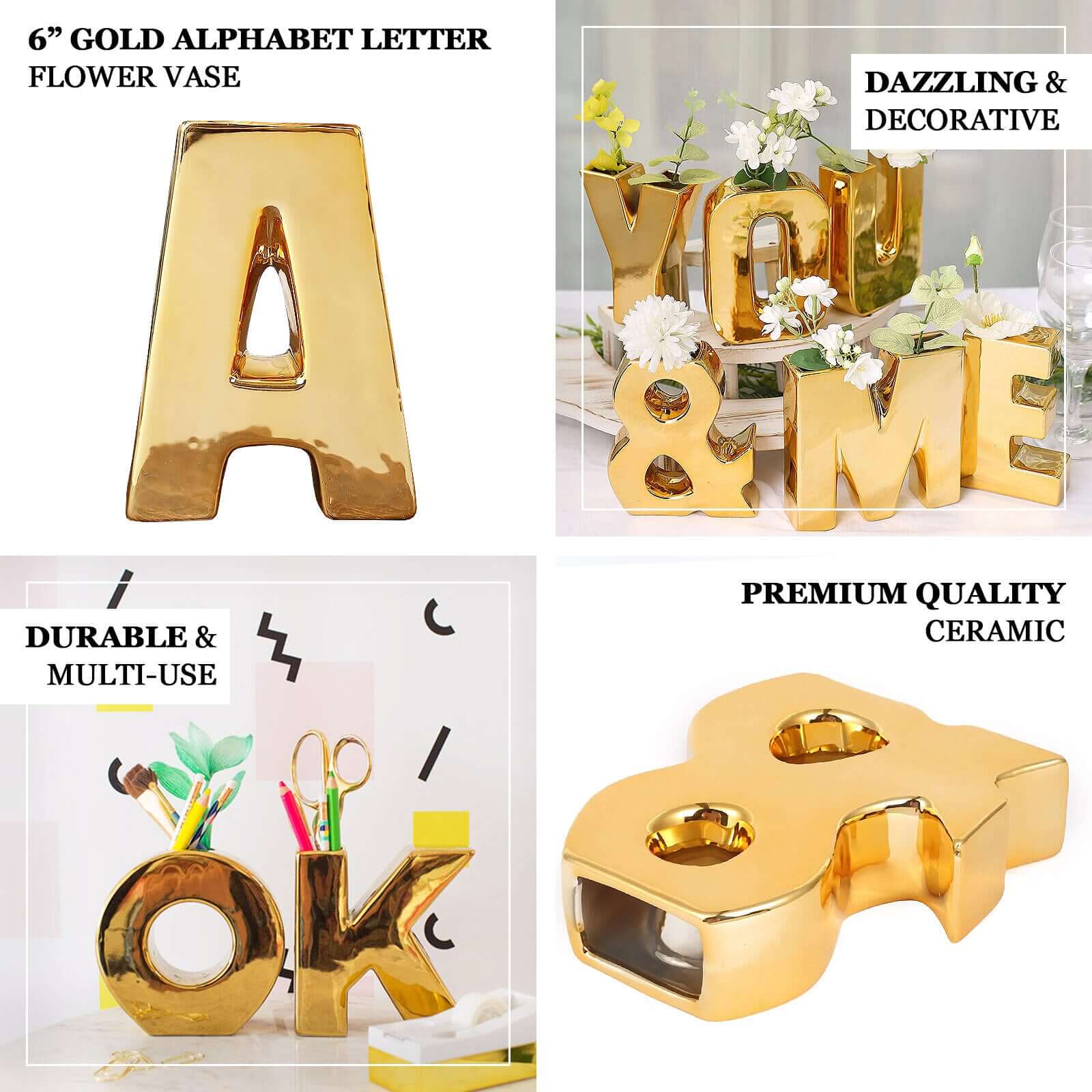 Shiny Ceramic Vase Letter V Gold Plated - Chic Bud Planter Pot for Events & Decor 6